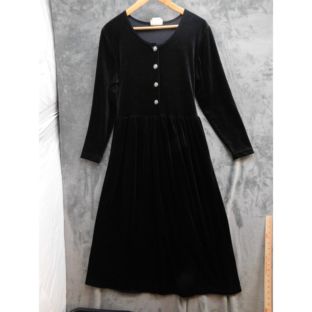 AVON STYLE Dress Womens M Black Velvet Fit & Flare Maxi Long Sleeve Belted